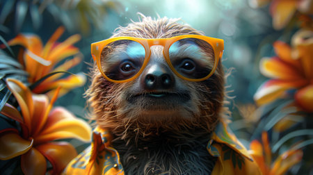 cool sloth with sunglasses in hawaii shirt.の素材