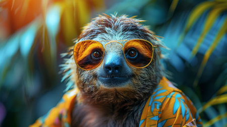 cool sloth with sunglasses in hawaii shirt.の素材