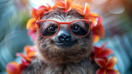 cool sloth with sunglasses in hawaii shirt.の素材