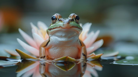 cute and very nice frog hoping in a pond.の素材