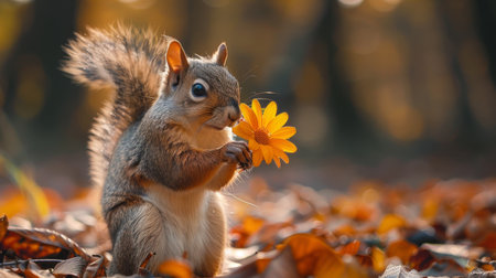 squirrel with a flower in the autumn forest, close-upの素材