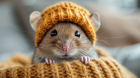 cute little house brown pet mouse in knitted hat.の素材