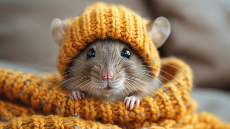 cute little house brown pet mouse in knitted hat.の素材