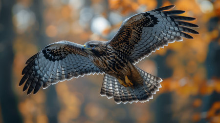 hawk in flight tracks its prey.の素材