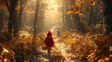 girl dressed in red hood walking in forest.の素材