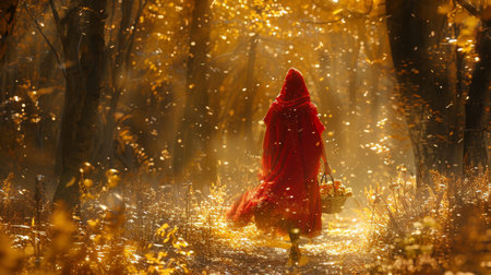 girl dressed in red hood walking in forest.の素材