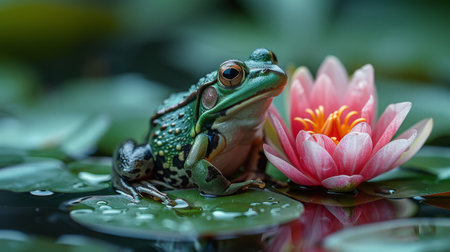 cute and very nice frog hoping in a pond.の素材