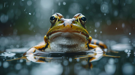 cute and very nice frog hoping in a pond.の素材