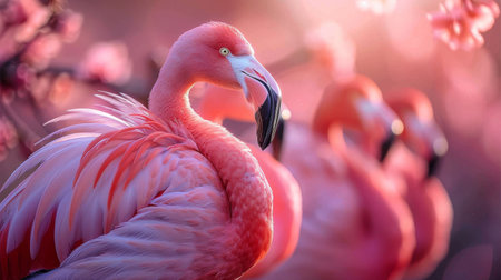 close up of pink flamingos.の素材