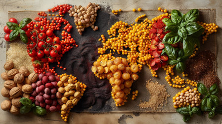 High angle view of different raw vegetables and spices on rustic tableの素材
