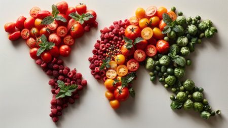 Creative layout made of different fruits and vegetables. Concept of healthy eating.の素材