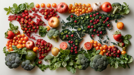 Fruits and vegetables in the form of a world map. The concept of healthy eating.の素材