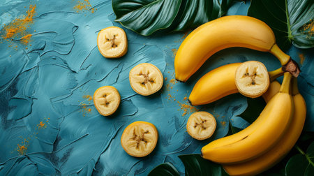 bananas with leaves on a dark background.の素材