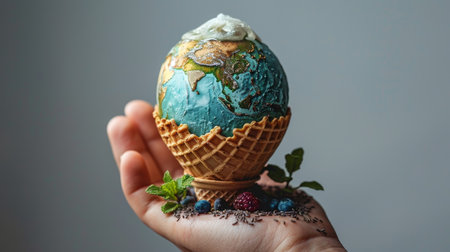 hand holding an ice cream cone with the earth melting on top, concept of world warming.の素材