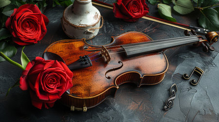 violin with roses on a dark wooden background.の素材