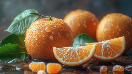 orange whole and slices with leaves.の素材