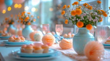 table with birthday sweets in pastel colors.の素材