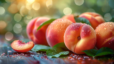 peaches whole and pieces with leaves.の素材