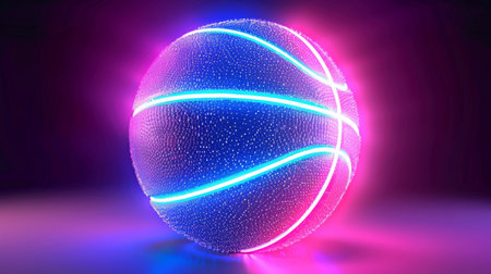 Basketball ball with glowing lines on colorful blue and pink neon light background.の素材