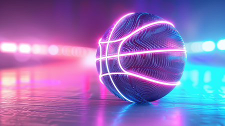 Basketball ball with glowing lines on colorful blue and pink neon light background.の素材