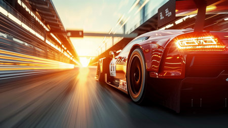 car racing on a track with speeding motion blur.の素材