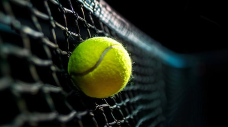 Yellow tennis ball flying into the tennis net on black background.の素材