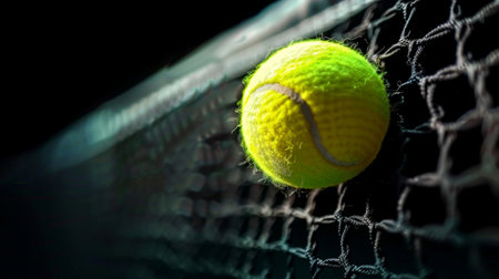 Yellow tennis ball flying into the tennis net on black background.の素材