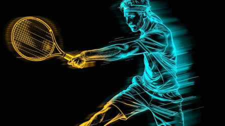 Abstract silhouette of a tennis player on black background.の素材