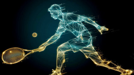 Abstract silhouette of a tennis player on black background.の素材