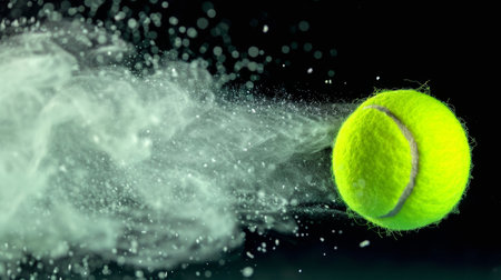 freeze motion shot of flying tennis ball.の素材