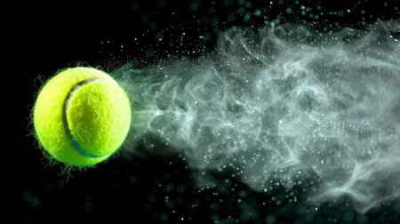 freeze motion shot of flying tennis ball.の素材