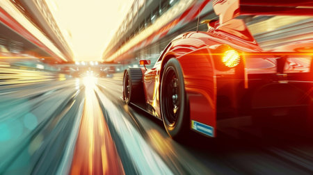 car racing on a track with speeding motion blur.の素材