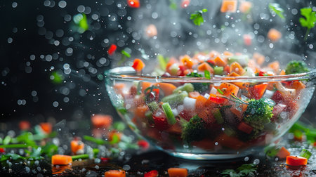 glass bowl with fresh vegetables salad.の素材