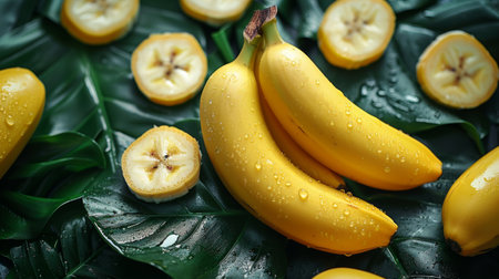 bananas with leaves on a dark background.の素材
