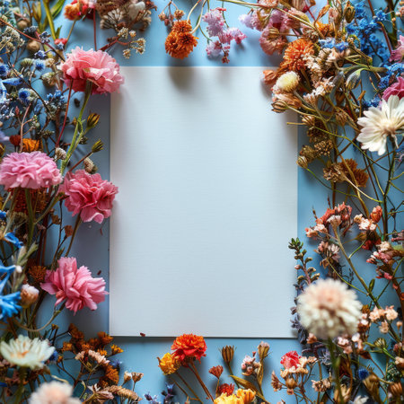 Top view of blank white paper mockup with dried flowers around.の素材