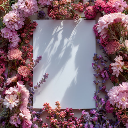 Top view of blank white paper mockup with dried flowers around.の素材