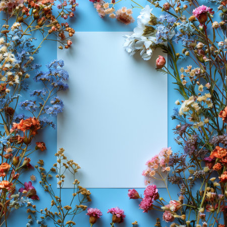 Top view of blank white paper mockup with dried flowers around.の素材