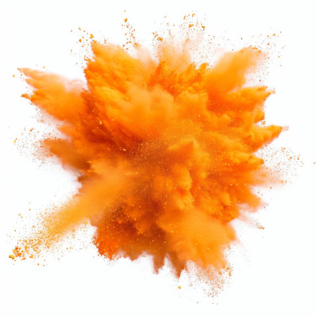 orange powder explosion on white background.の素材