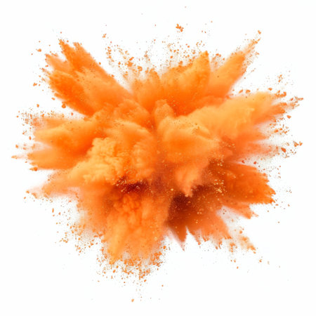 orange powder explosion on white background.の素材