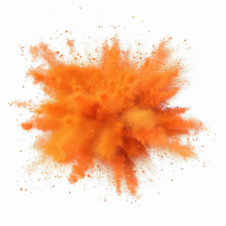 orange powder explosion on white background.の素材