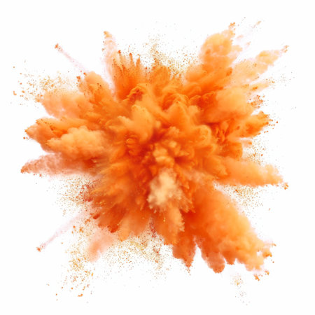 orange powder explosion on white background.の素材