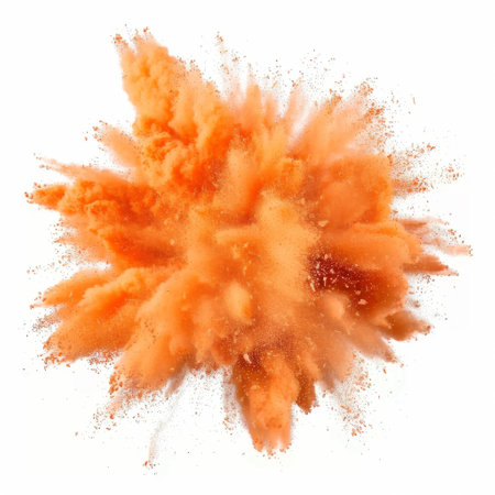 orange powder explosion on white background.の素材
