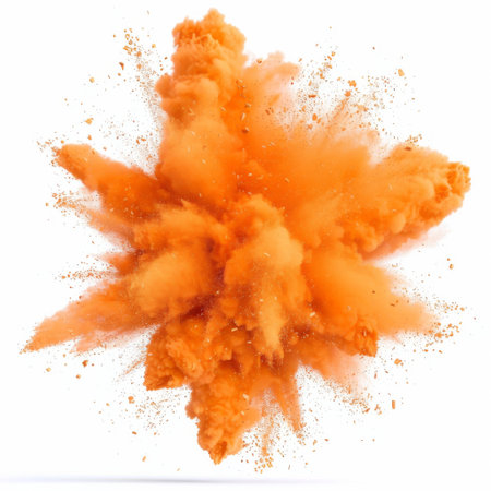 orange powder explosion on white background.の素材