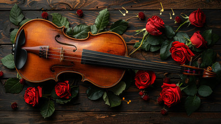 violin with roses on a dark wooden background.の素材