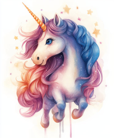 Unicorn with rainbow mane. Watercolor illustration on white backgroundの素材