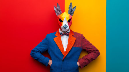 Funny man with mask on his face and bow tie on colorful backgroundの素材