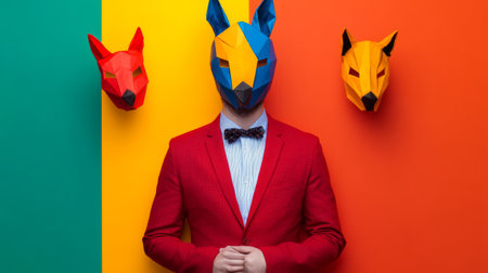 Man with mask on his head and bow tie on multicolored backgroundの素材
