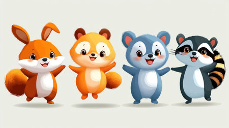 Cute cartoon animals in different poses on white background. Vector illustration.の素材
