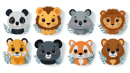 Set of cute cartoon animals with wreaths. Vector illustration.の素材