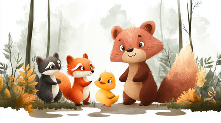 cartoon scene with forest animals - bear, fox, raccoon, squirrel - illustration for childrenの素材